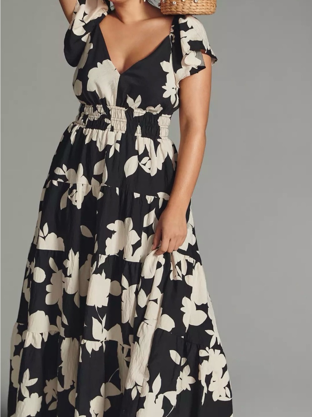 Anthropologie The Silverlake Flutter Sleeve Floral Black and White Maxi Dress - Picture 3 of 11